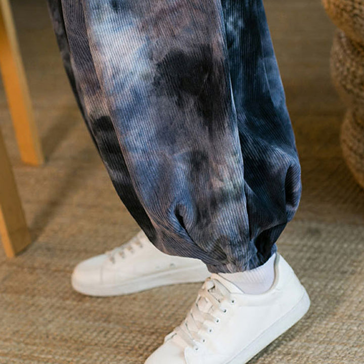 Pantalones harén de pana de algodón con cordón trenzado y teñido anudado para hombre con bolsillos y estampado de Buddha Stones