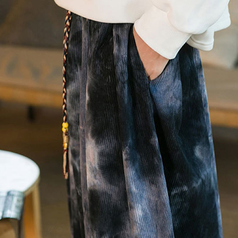 Pantalones harén de pana de algodón con cordón trenzado y teñido anudado para hombre con bolsillos y estampado de Buddha Stones