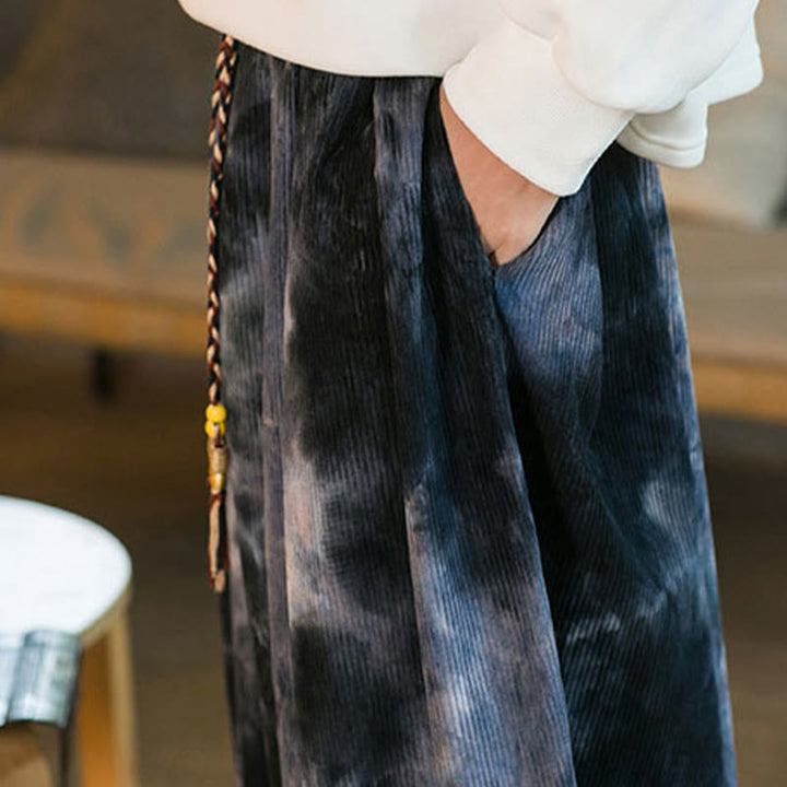 Pantalones harén de pana de algodón con cordón trenzado y teñido anudado para hombre con bolsillos y estampado de Buddha Stones