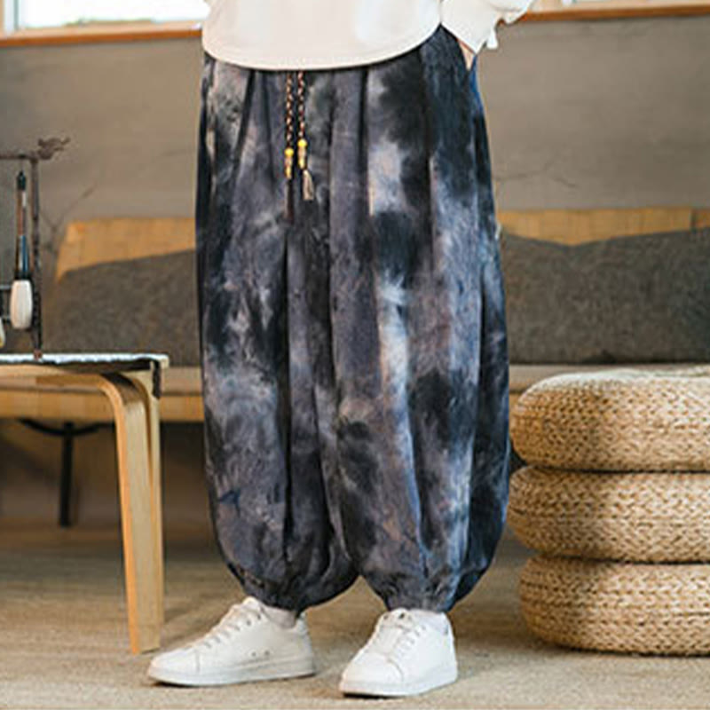 Pantalones harén de pana de algodón con cordón trenzado y teñido anudado para hombre con bolsillos y estampado de Buddha Stones