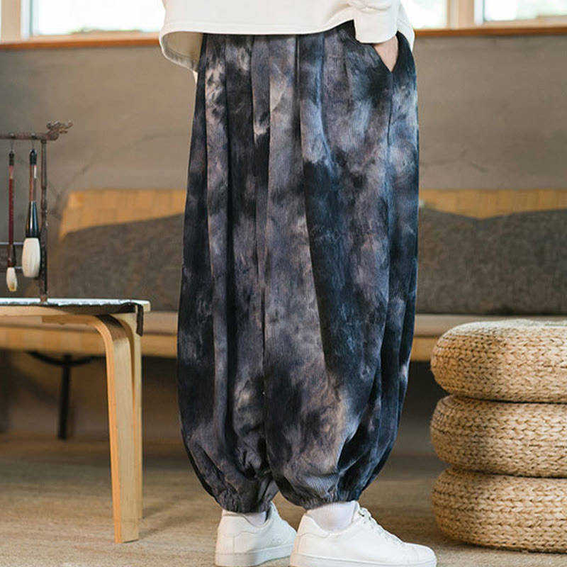 Pantalones harén de pana de algodón con cordón trenzado y teñido anudado para hombre con bolsillos y estampado de Buddha Stones