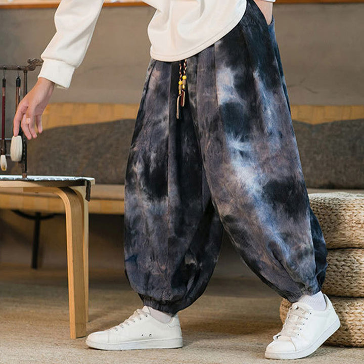 Pantalones harén de pana de algodón con cordón trenzado y teñido anudado para hombre con bolsillos y estampado de Buddha Stones