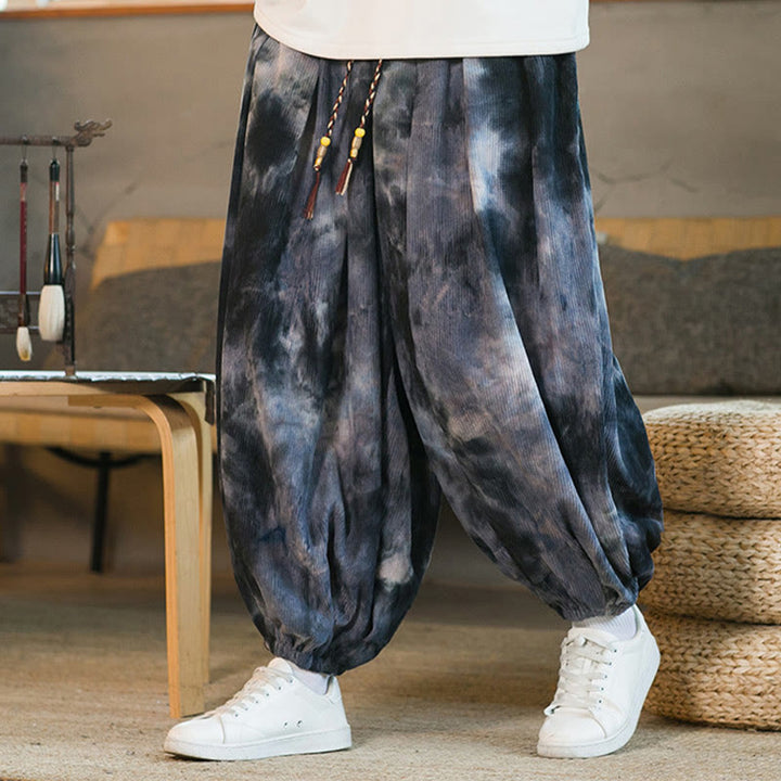 Pantalones harén de pana de algodón con cordón trenzado y teñido anudado para hombre con bolsillos y estampado de Buddha Stones