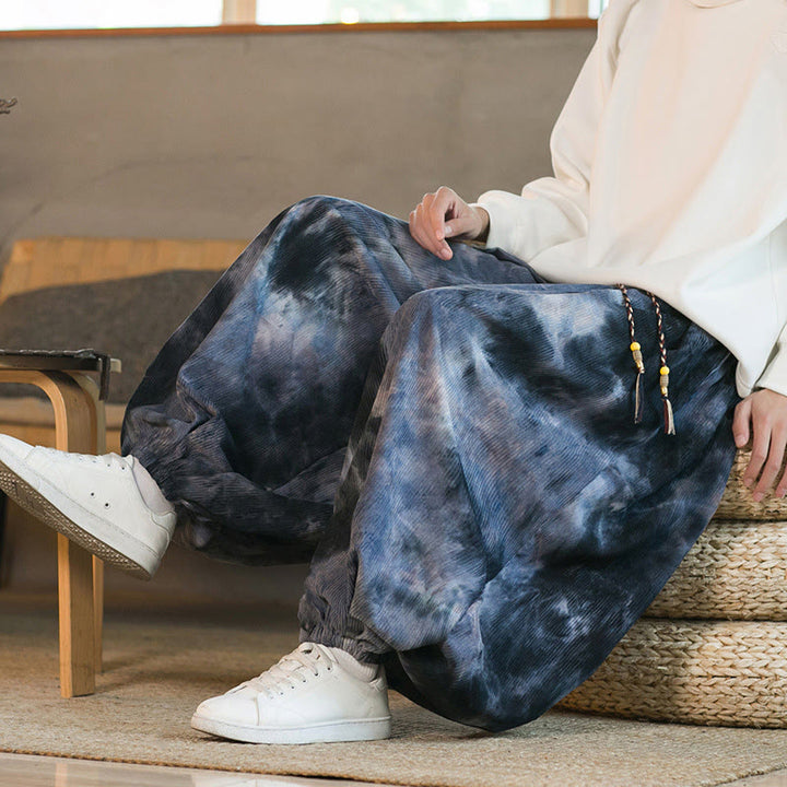 Pantalones harén de pana de algodón con cordón trenzado y teñido anudado para hombre con bolsillos y estampado de Buddha Stones