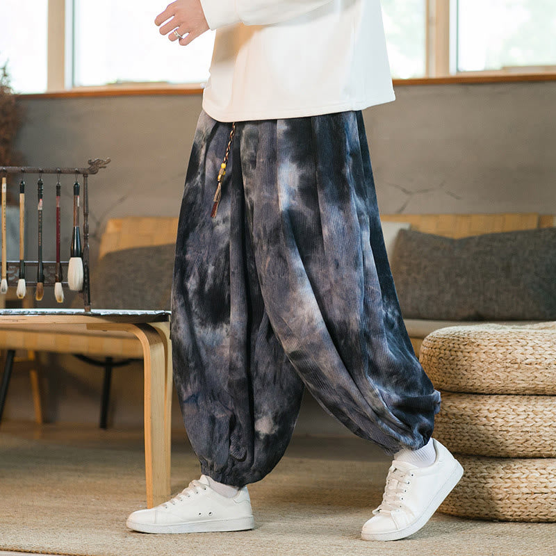 Pantalones harén de pana de algodón con cordón trenzado y teñido anudado para hombre con bolsillos y estampado de Buddha Stones