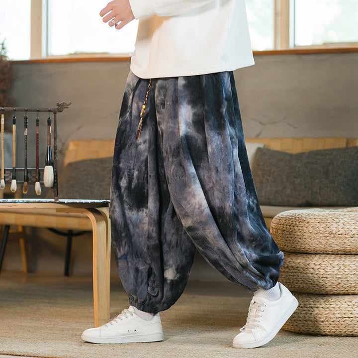 Pantalones harén de pana de algodón con cordón trenzado y teñido anudado para hombre con bolsillos y estampado de Buddha Stones