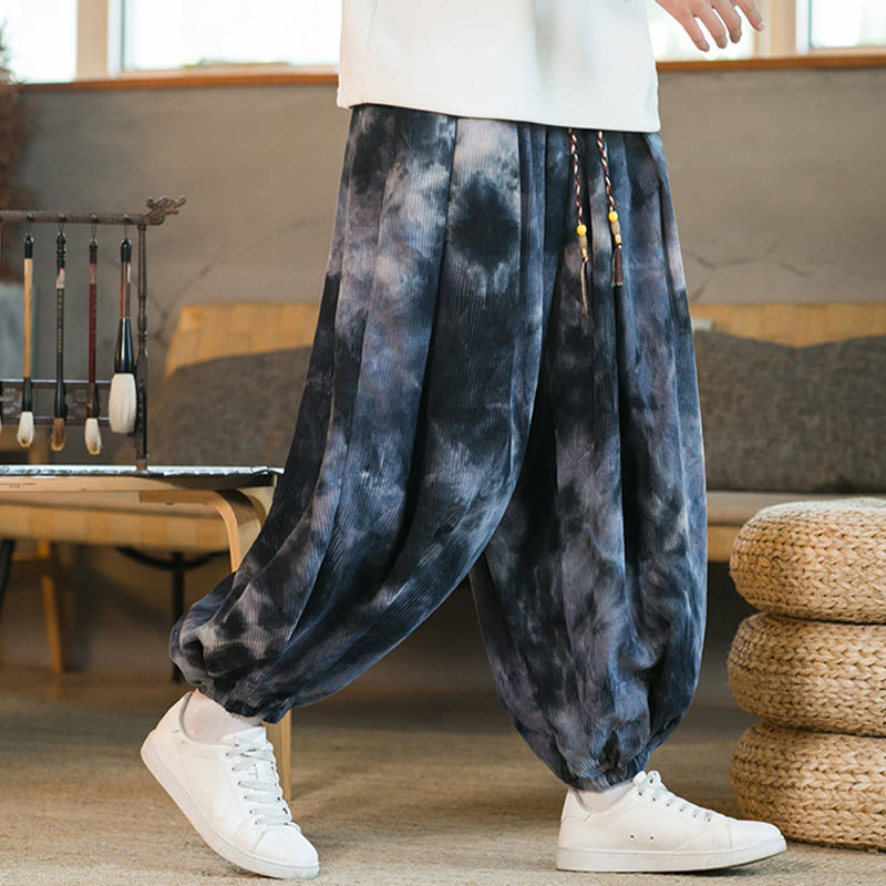 Pantalones harén de pana de algodón con cordón trenzado y teñido anudado para hombre con bolsillos y estampado de Buddha Stones