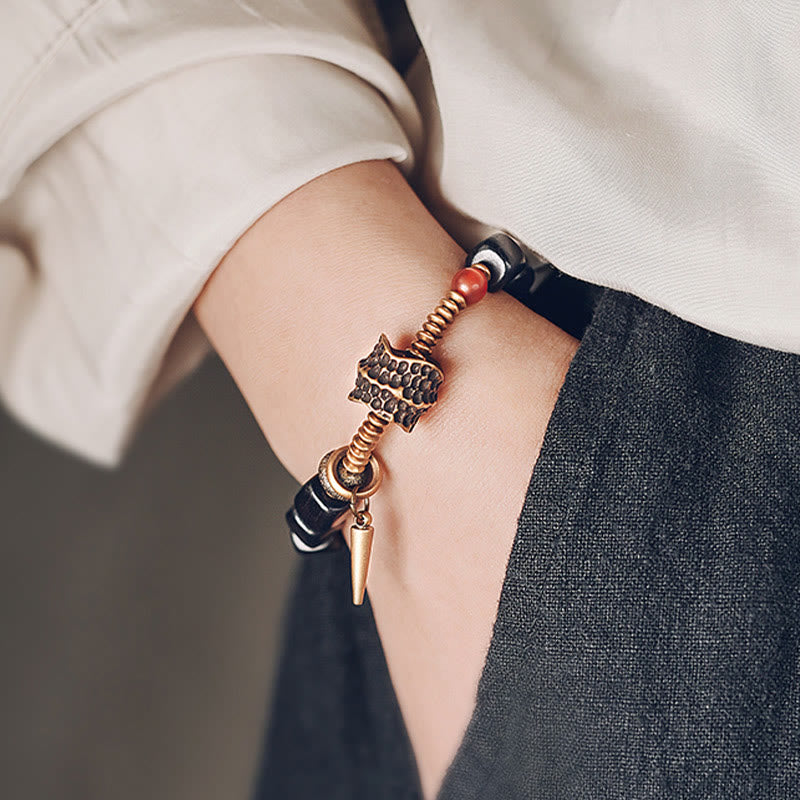 Pulsera de la paz con Buddha Stones, ébano, madera, cobre, latón y ágata roja