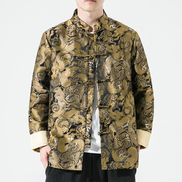 Camisa y chaqueta de algodón para hombre con botones de rana y dragón chino y Buddha Stones