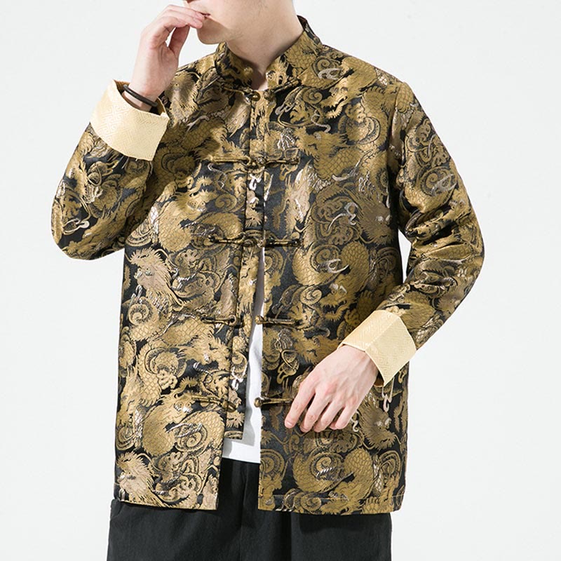 Camisa y chaqueta de algodón para hombre con botones de rana y dragón chino y Buddha Stones