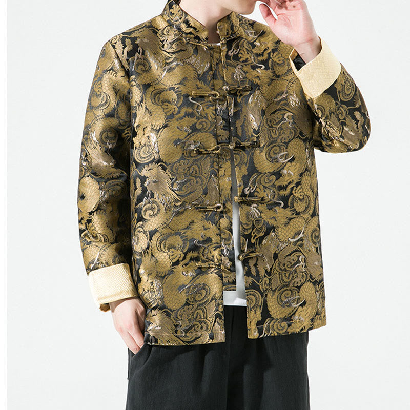 Camisa y chaqueta de algodón para hombre con botones de rana y dragón chino y Buddha Stones