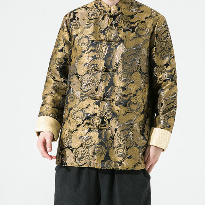 Camisa y chaqueta de algodón para hombre con botones de rana y dragón chino y Buddha Stones