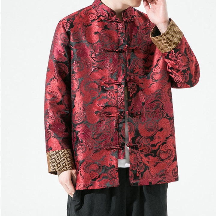 Camisa y chaqueta de algodón para hombre con botones de rana y dragón chino y Buddha Stones