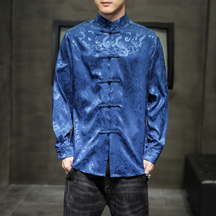 Chaqueta y camisa de lino para hombre con diseño informal de dragón y botones de Buddha Stones - image 9