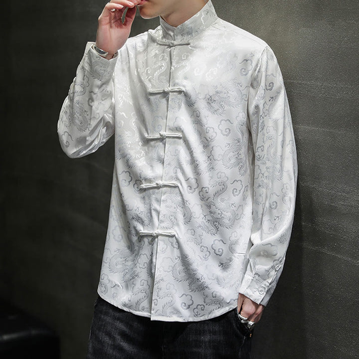 Chaqueta y camisa de lino para hombre con diseño informal de dragón y botones de Buddha Stones - image 15