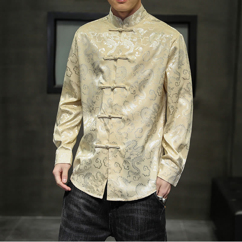 Chaqueta y camisa de lino para hombre con diseño informal de dragón y botones de Buddha Stones - Caqui - US/UK/AU46, EU56 (5XL) - image 38