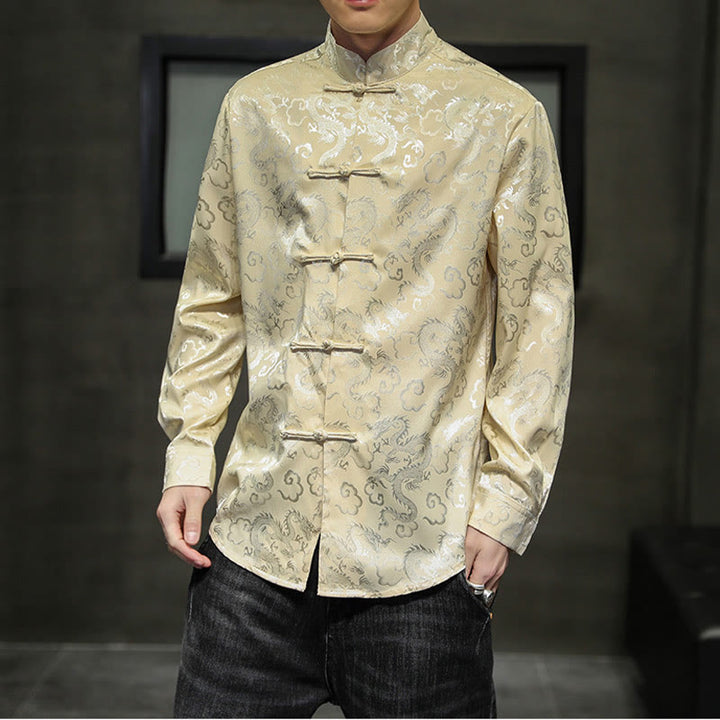 Chaqueta y camisa de lino para hombre con diseño informal de dragón y botones de Buddha Stones - Caqui - US/UK/AU46, EU56 (5XL) - image 38