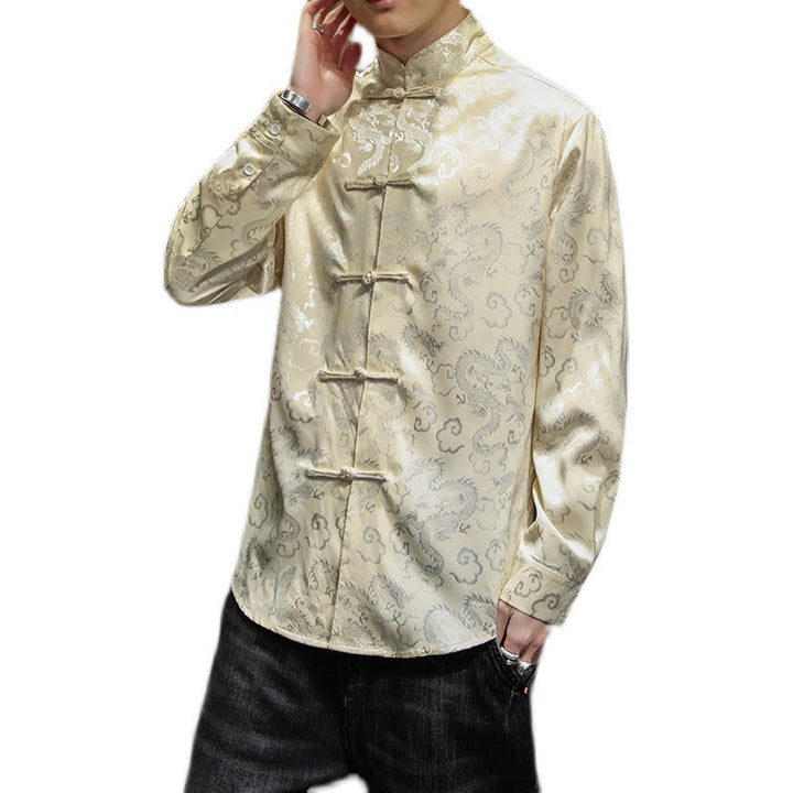 Chaqueta y camisa de lino para hombre con diseño informal de dragón y botones de Buddha Stones - image 46