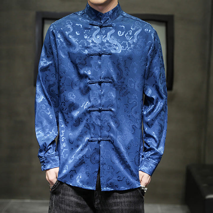 Chaqueta y camisa de lino para hombre con diseño informal de dragón y botones de Buddha Stones - Azul - US/UK/AU46, EU56 (5XL) - image 0