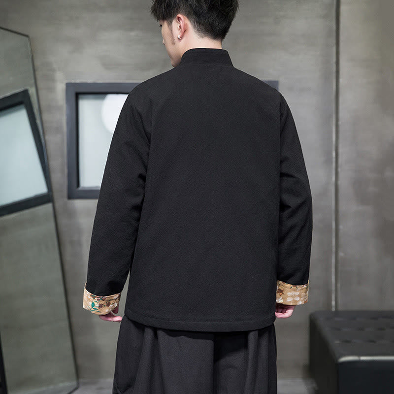 Chaqueta y camisa de lino y algodón para hombre, traje Tang con botones de rana y diseño de flores y puños bordados con Buddha Stones y flores de ciruelo