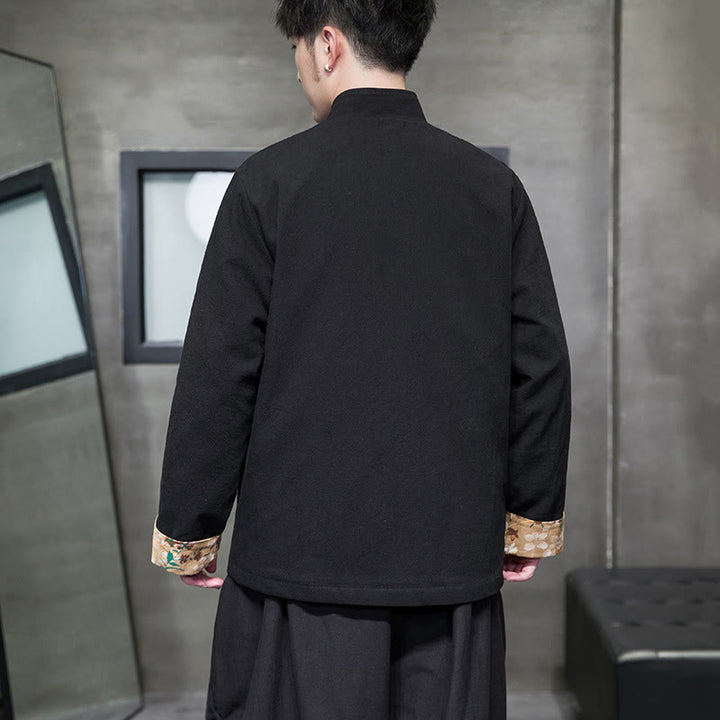 Chaqueta y camisa de lino y algodón para hombre, traje Tang con botones de rana y diseño de flores y puños bordados con Buddha Stones y flores de ciruelo