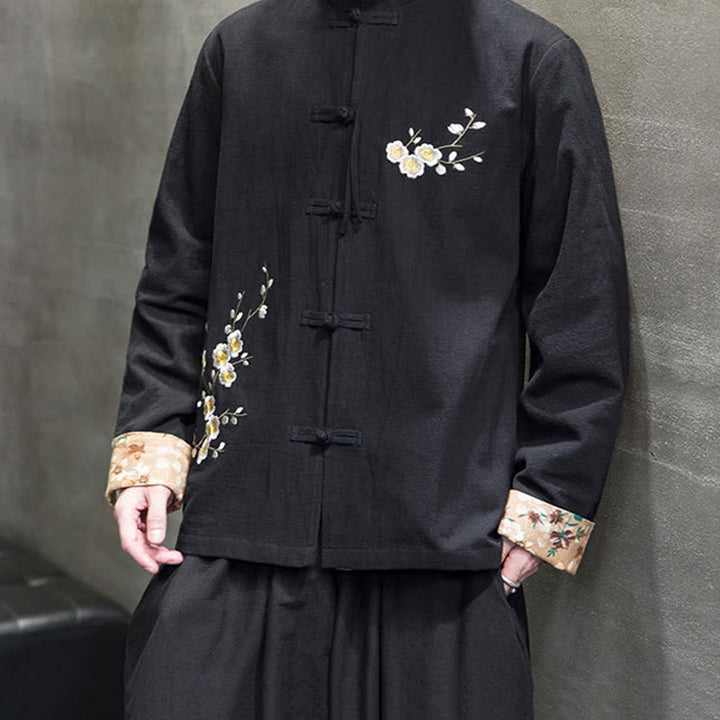 Chaqueta y camisa de lino y algodón para hombre, traje Tang con botones de rana y diseño de flores y puños bordados con Buddha Stones y flores de ciruelo