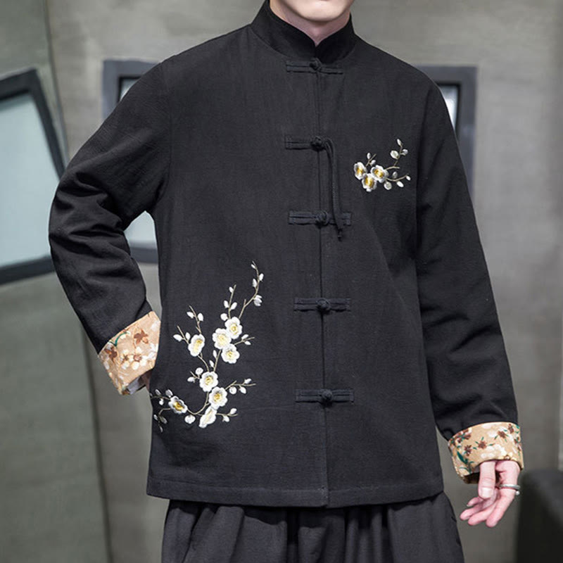 Chaqueta y camisa de lino y algodón para hombre, traje Tang con botones de rana y diseño de flores y puños bordados con Buddha Stones y flores de ciruelo