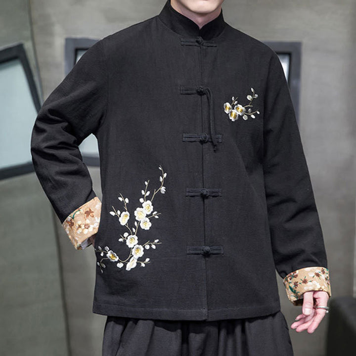 Chaqueta y camisa de lino y algodón para hombre, traje Tang con botones de rana y diseño de flores y puños bordados con Buddha Stones y flores de ciruelo
