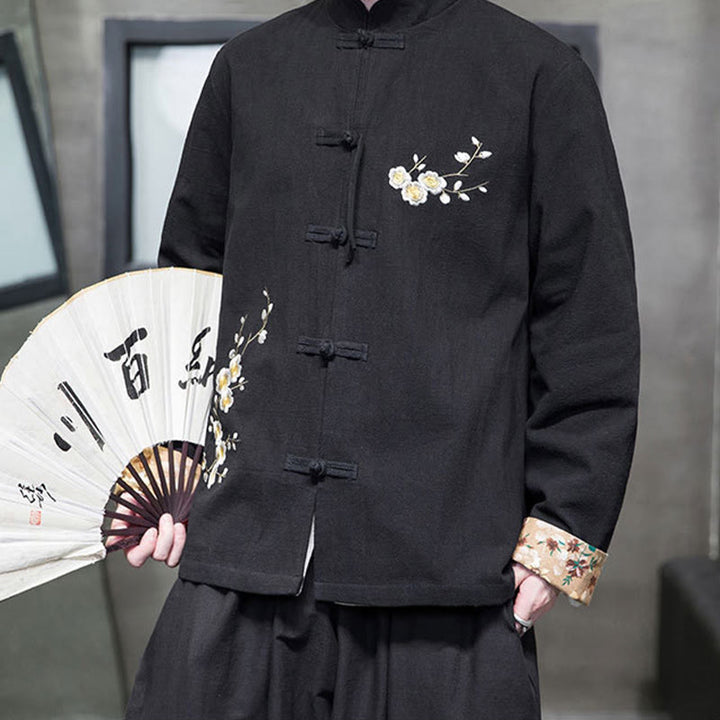 Chaqueta y camisa de lino y algodón para hombre, traje Tang con botones de rana y diseño de flores y puños bordados con Buddha Stones y flores de ciruelo