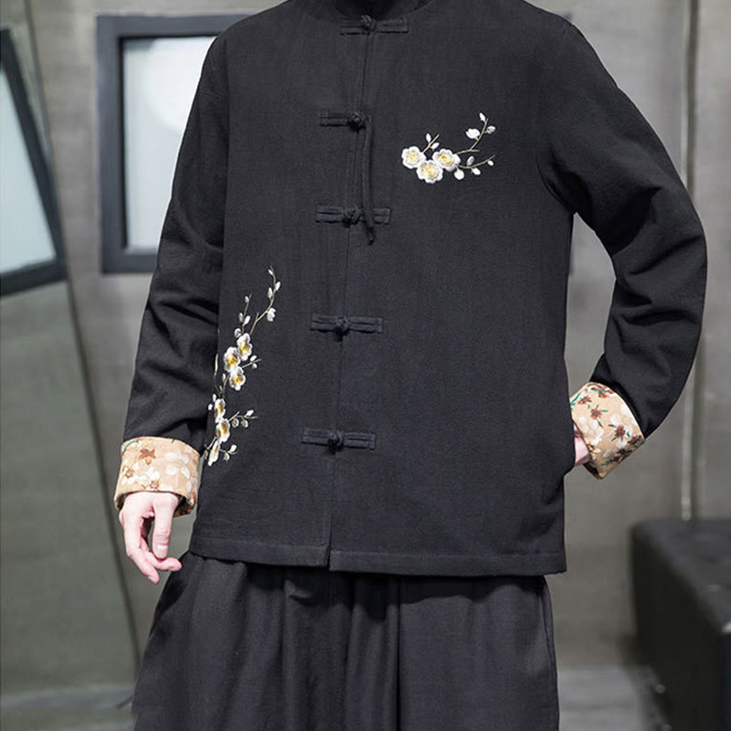 Chaqueta y camisa de lino y algodón para hombre, traje Tang con botones de rana y diseño de flores y puños bordados con Buddha Stones y flores de ciruelo