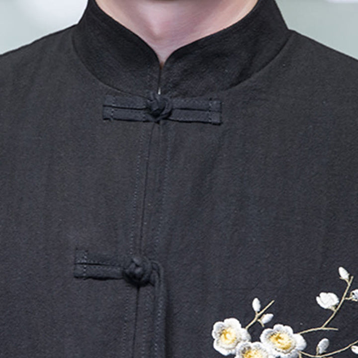 Chaqueta y camisa de lino y algodón para hombre, traje Tang con botones de rana y diseño de flores y puños bordados con Buddha Stones y flores de ciruelo