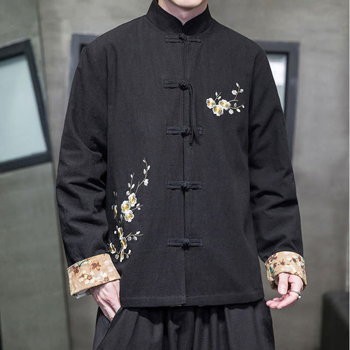 Chaqueta y camisa de lino y algodón para hombre, traje Tang con botones de rana y diseño de flores y puños bordados con Buddha Stones y flores de ciruelo