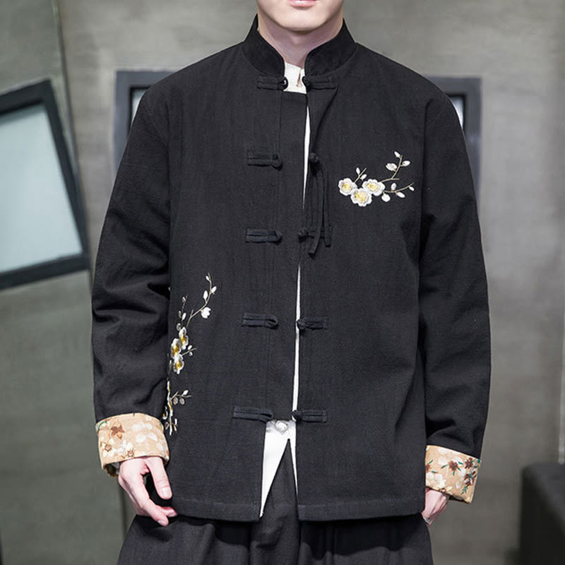 Chaqueta y camisa de lino y algodón para hombre, traje Tang con botones de rana y diseño de flores y puños bordados con Buddha Stones y flores de ciruelo