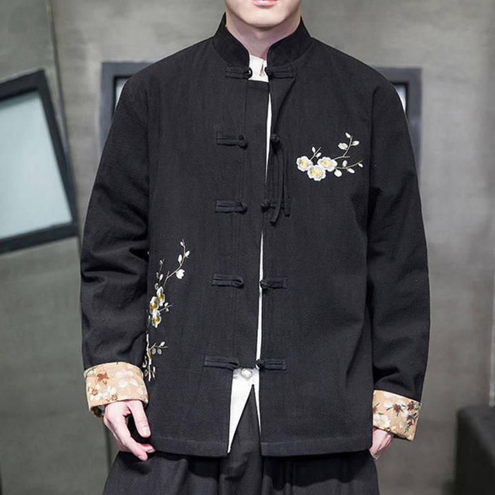 Chaqueta y camisa de lino y algodón para hombre, traje Tang con botones de rana y diseño de flores y puños bordados con Buddha Stones y flores de ciruelo