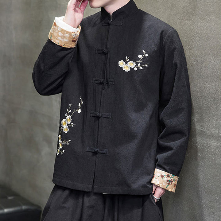 Chaqueta y camisa de lino y algodón para hombre, traje Tang con botones de rana y diseño de flores y puños bordados con Buddha Stones y flores de ciruelo