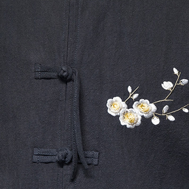 Chaqueta y camisa de lino y algodón para hombre, traje Tang con botones de rana y diseño de flores y puños bordados con Buddha Stones y flores de ciruelo