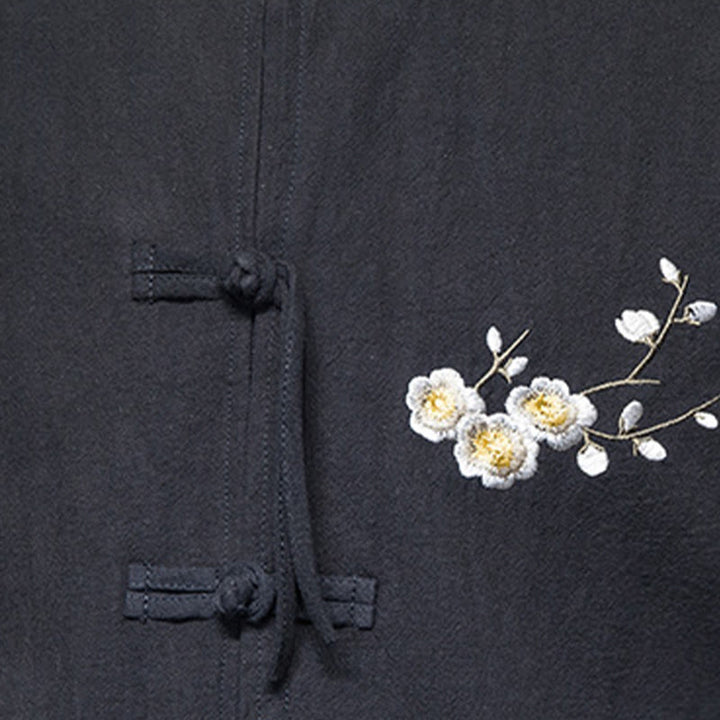 Chaqueta y camisa de lino y algodón para hombre, traje Tang con botones de rana y diseño de flores y puños bordados con Buddha Stones y flores de ciruelo