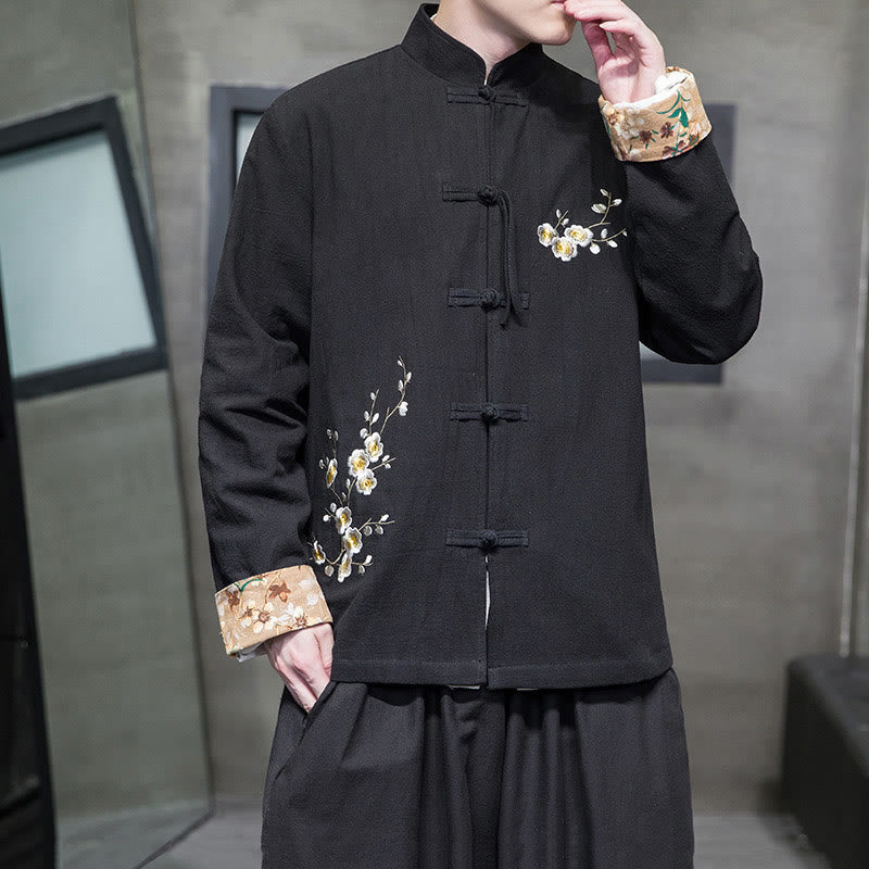 Chaqueta y camisa de lino y algodón para hombre, traje Tang con botones de rana y diseño de flores y puños bordados con Buddha Stones y flores de ciruelo