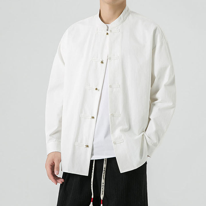 Chaqueta y camisa de algodón para hombre con botones de rana y Buddha Stones en color liso  - image 12