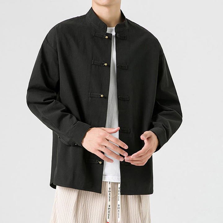 Chaqueta y camisa de algodón para hombre con botones de rana y Buddha Stones en color liso  - image 5