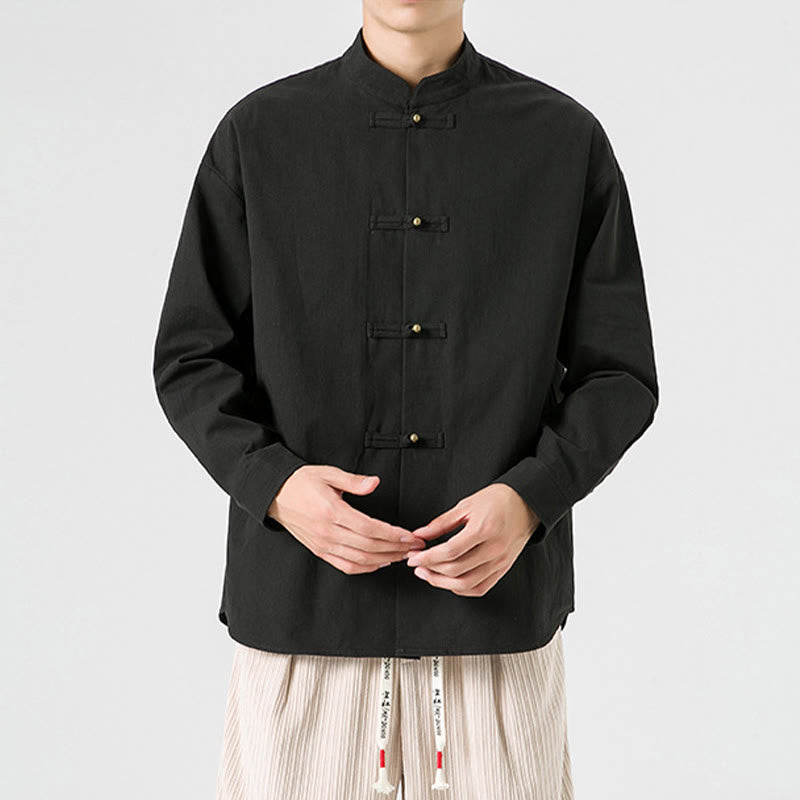 Chaqueta y camisa de algodón para hombre con botones de rana y Buddha Stones en color liso  - image 6