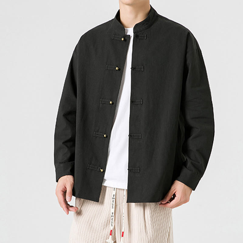 Chaqueta y camisa de algodón para hombre con botones de rana y Buddha Stones en color liso  - image 3