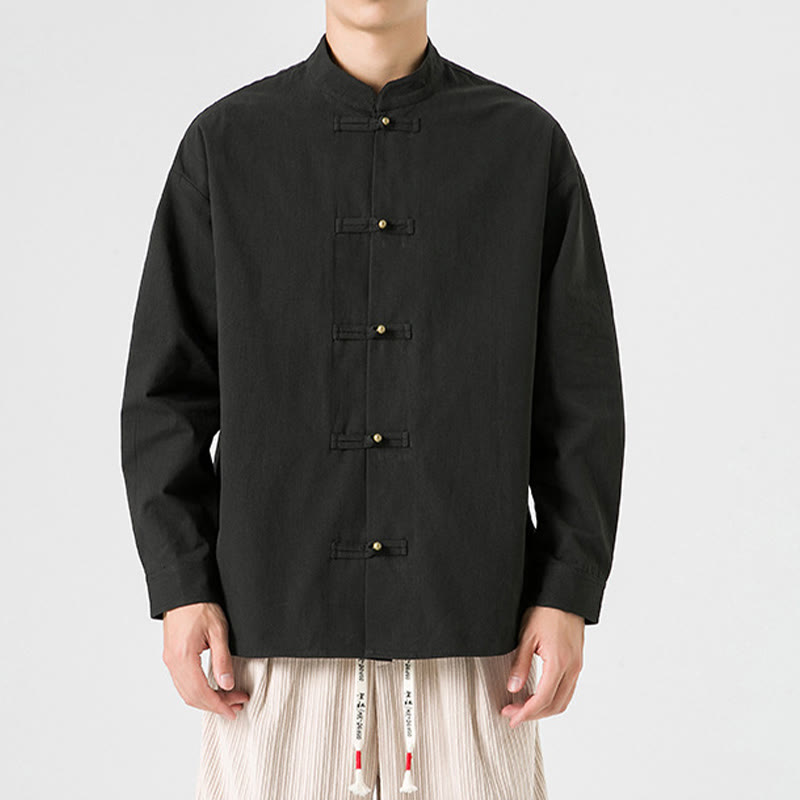 Chaqueta y camisa de algodón para hombre con botones de rana y Buddha Stones en color liso  - Negro - US/UK/AU46, EU56 (5XL) - image 0