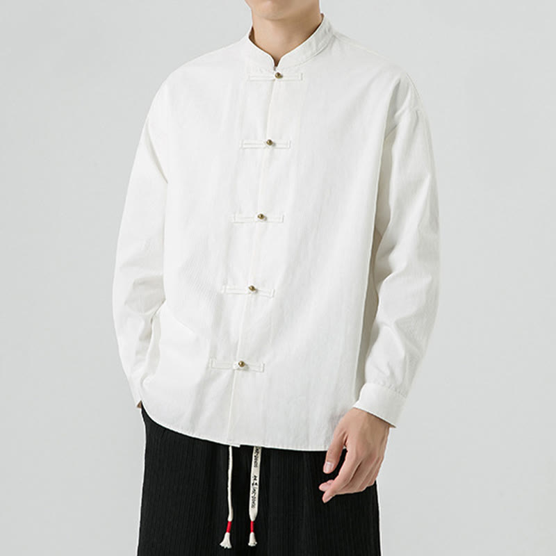 Chaqueta y camisa de algodón para hombre con botones de rana y Buddha Stones en color liso  - image 13