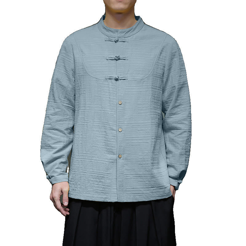 Traje de espiga de algodón y lino con botones de rana y color liso con Buddha Stones para hombre