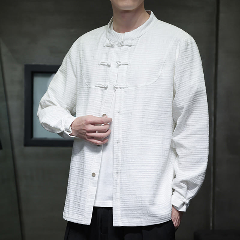 Traje de espiga de algodón y lino con botones de rana y color liso con Buddha Stones para hombre