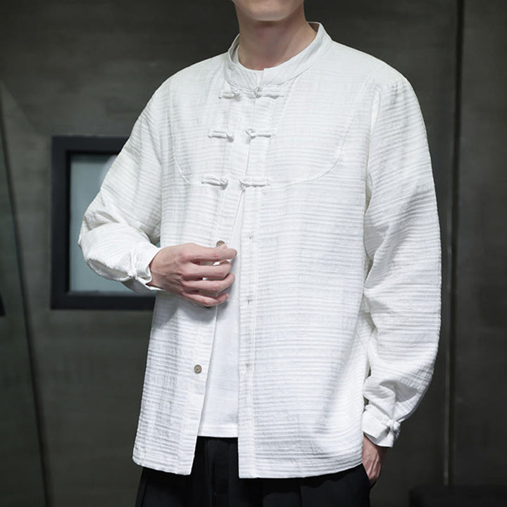 Traje de espiga de algodón y lino con botones de rana y color liso con Buddha Stones para hombre