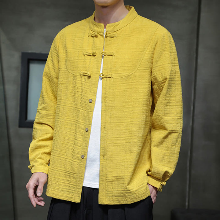 Traje de espiga de algodón y lino con botones de rana y color liso con Buddha Stones para hombre
