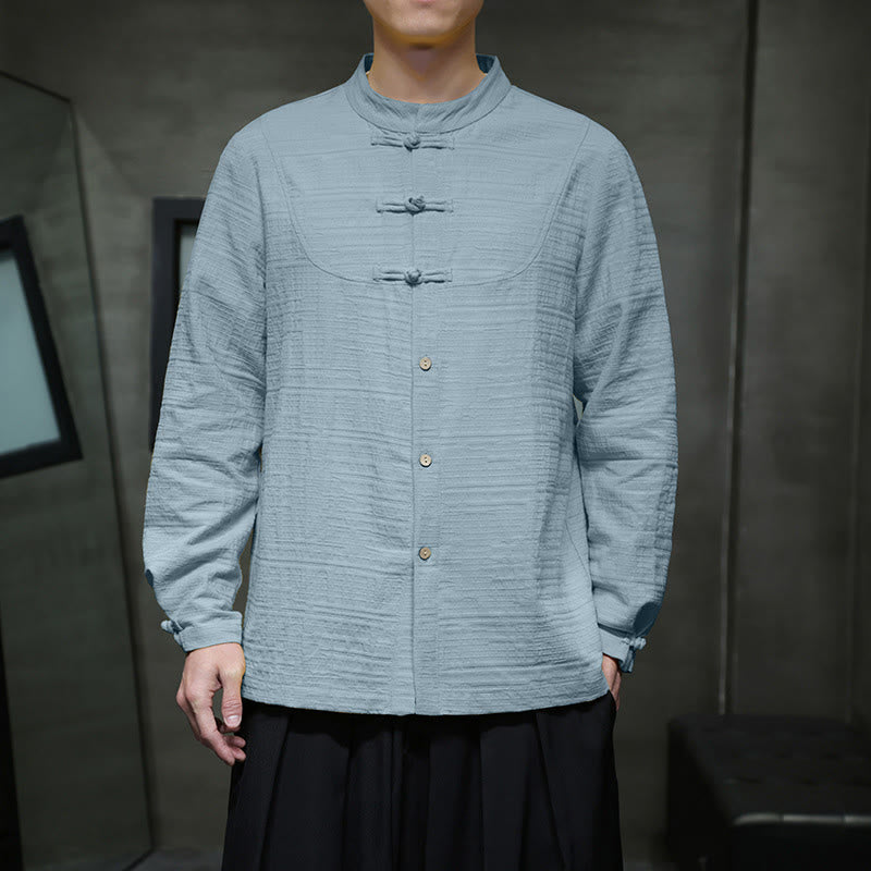 Traje de espiga de algodón y lino con botones de rana y color liso con Buddha Stones para hombre