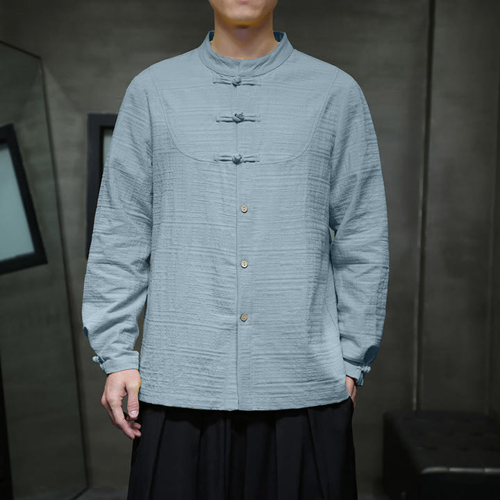 Traje de espiga de algodón y lino con botones de rana y color liso con Buddha Stones para hombre